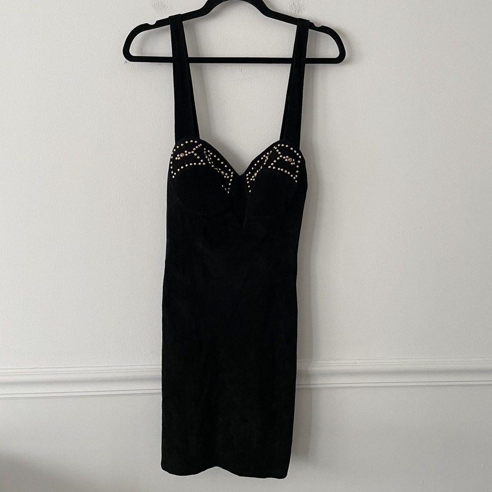 NWT VTG 90's Firenze Santa Barbara Black Suede Leather Studded Mini Dress Size S